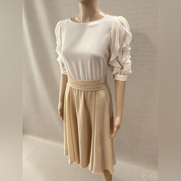Vintage Dresses & Skirts - Chiffon dressy Ursula of Switzerland earthy two tone vintage 80s dress Ruffles